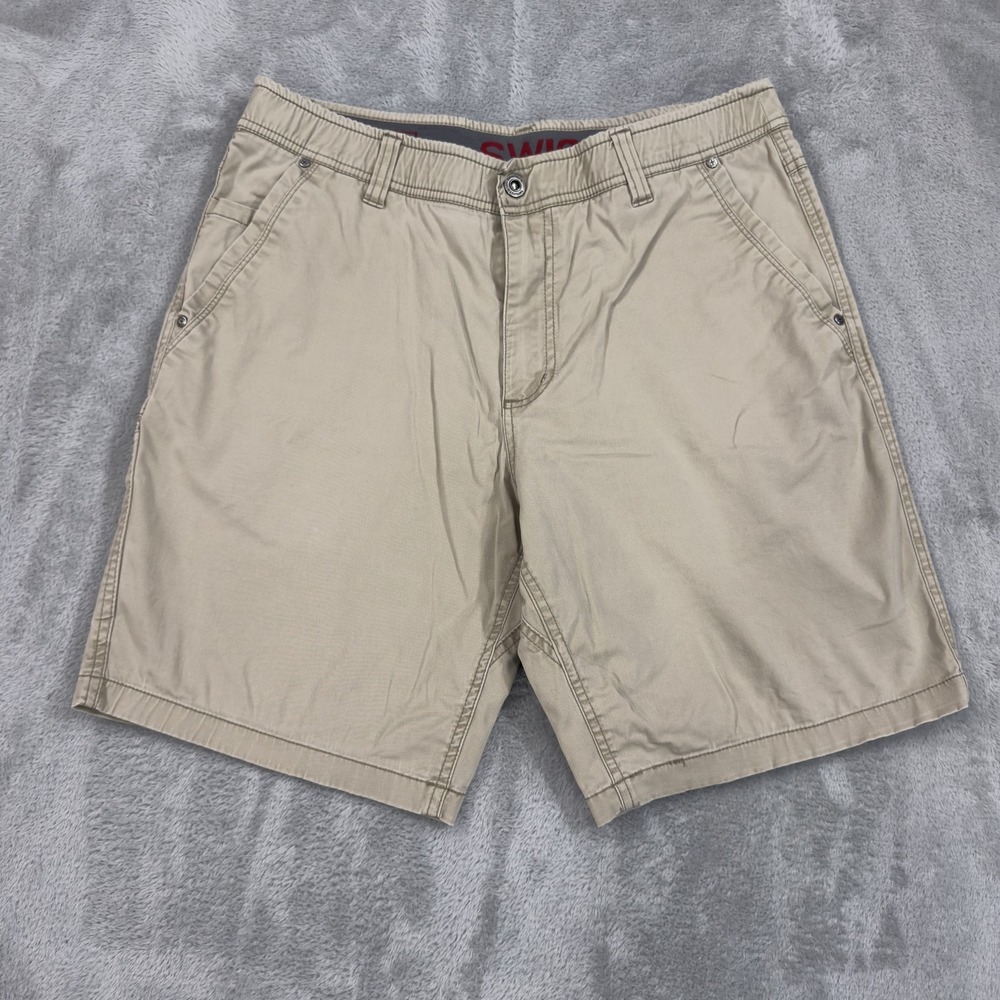 Swiss Tech Shorts Mens 36 Khaki Beige Gusseted Stretch Hiking Utility 9" Inseam